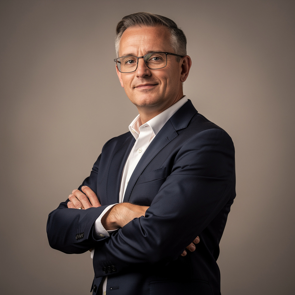 Portrait of a British studio director wearing glasses and a blazer