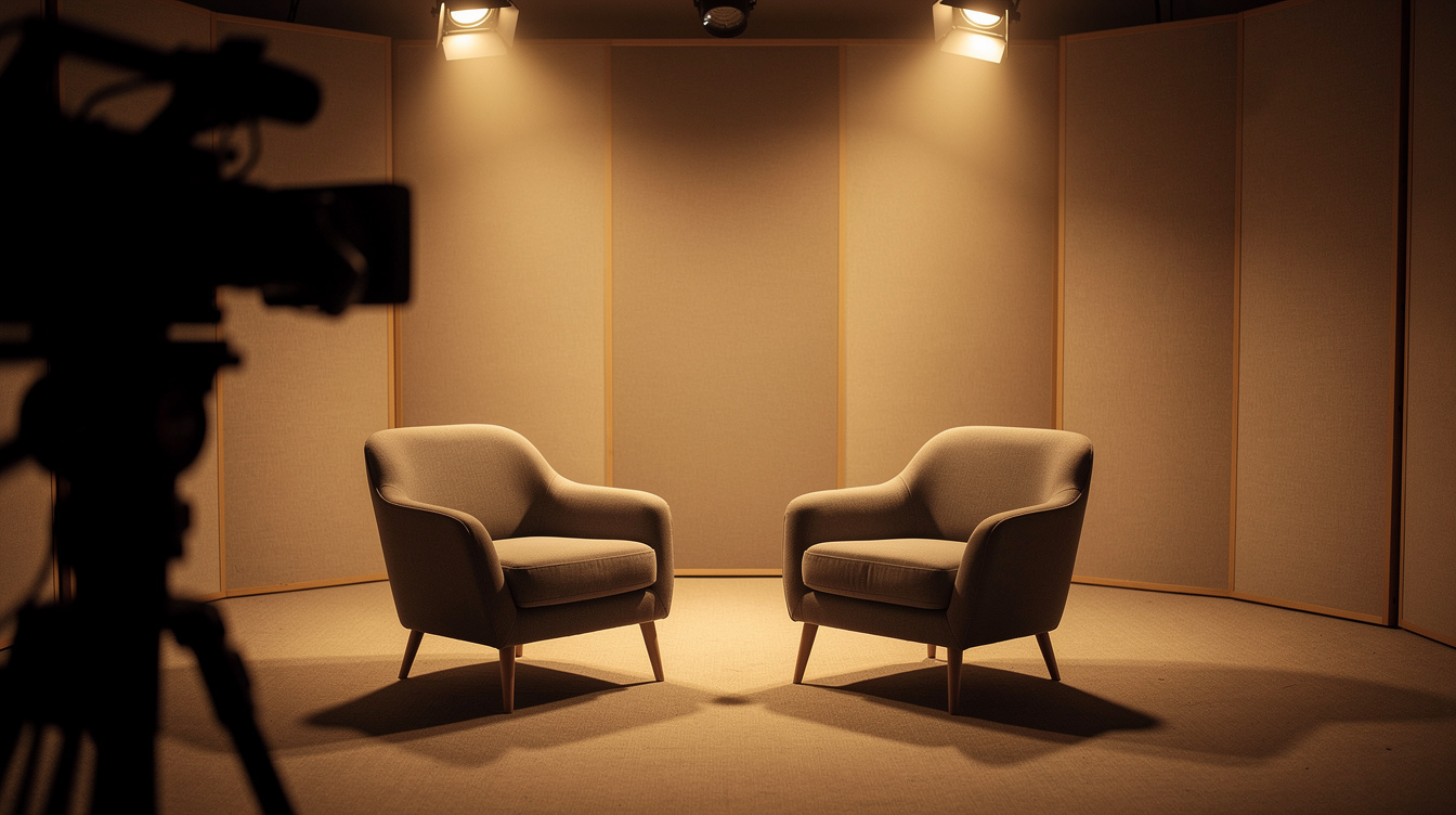 Warmly lit interview room ready for recording with empty chairs