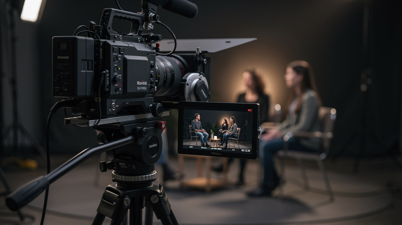 Professional camera on a tripod framing an interview scene with a monitor