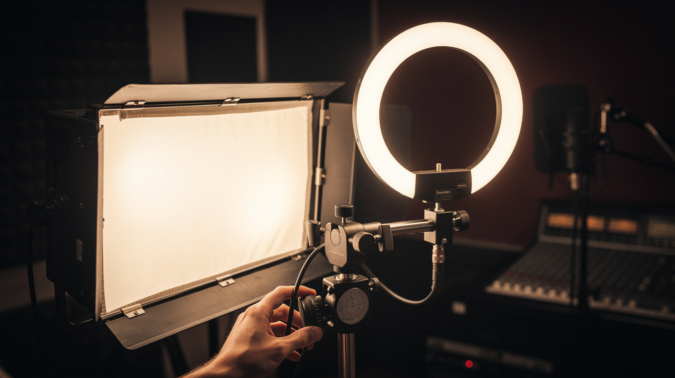 Technician adjusting a softbox light in a recording studio