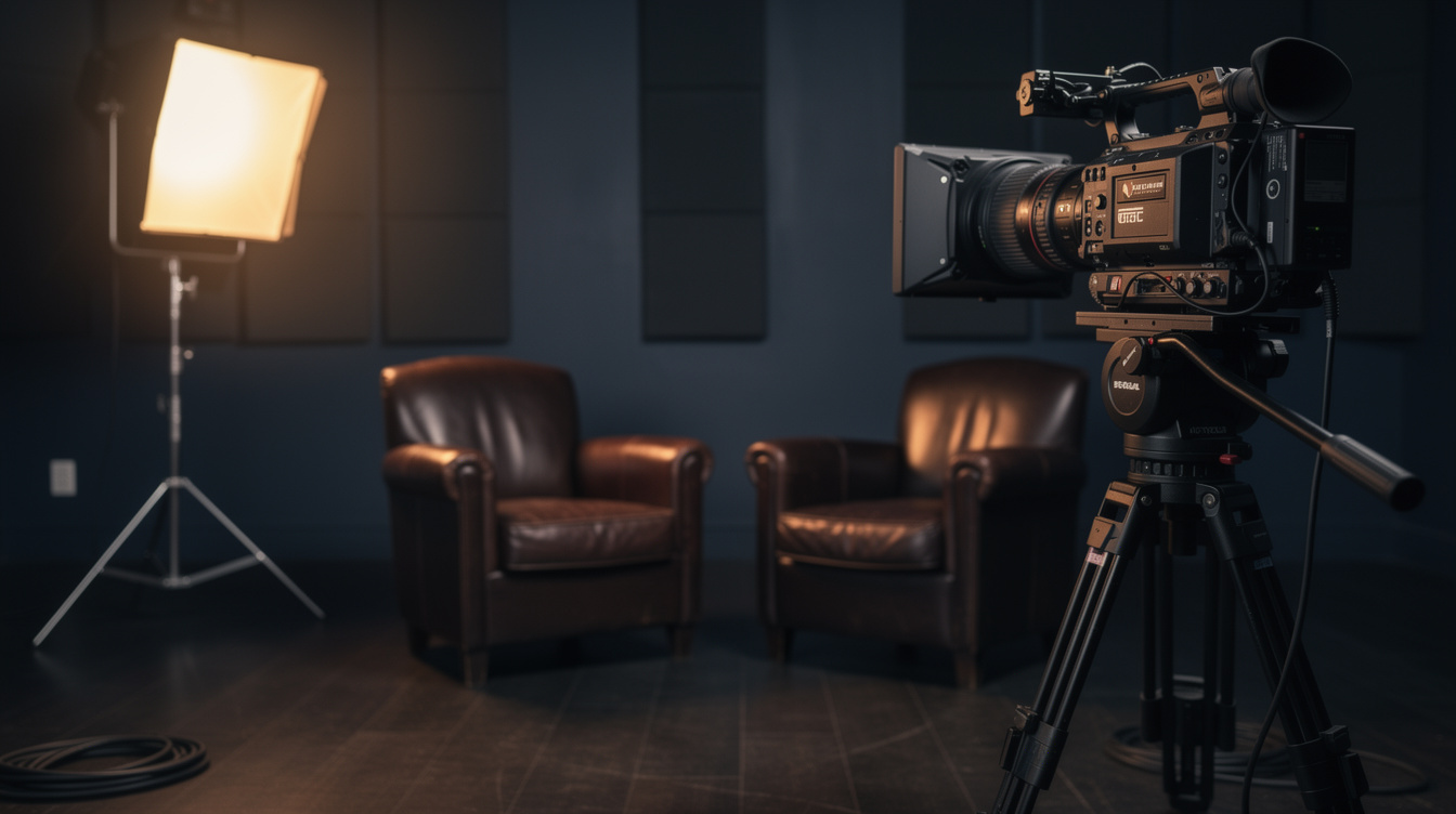 Dimly lit interview studio with softbox lighting and two chairs facing a camera