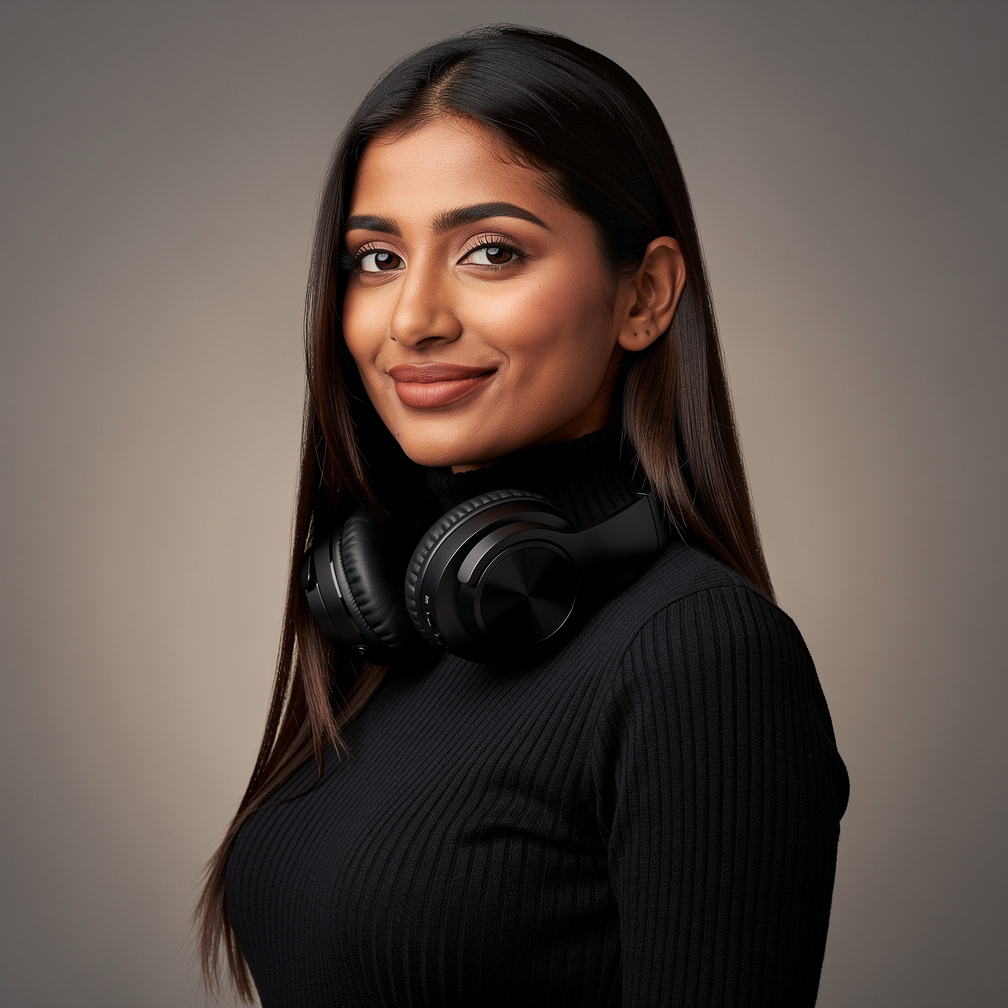 Portrait of a British sound engineer wearing headphones around her neck