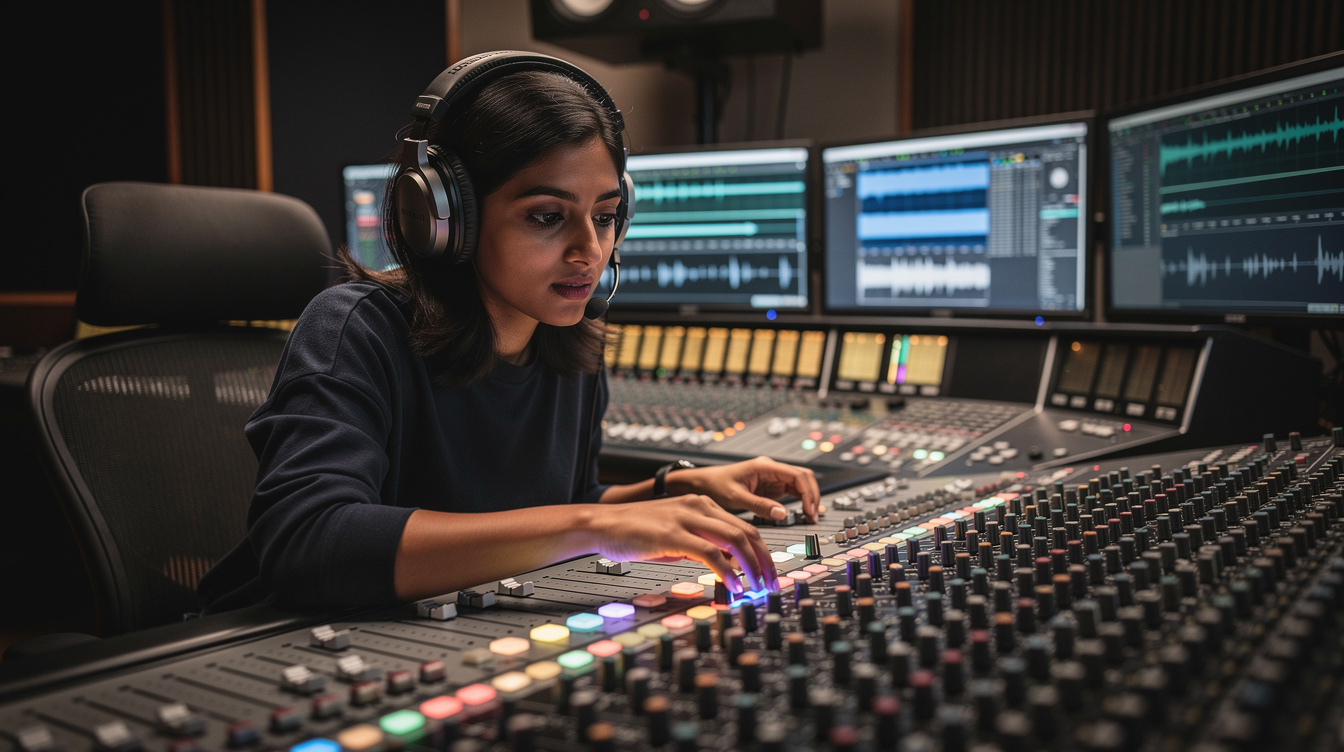 Sound engineer adjusting a mixing console while wearing headphones
