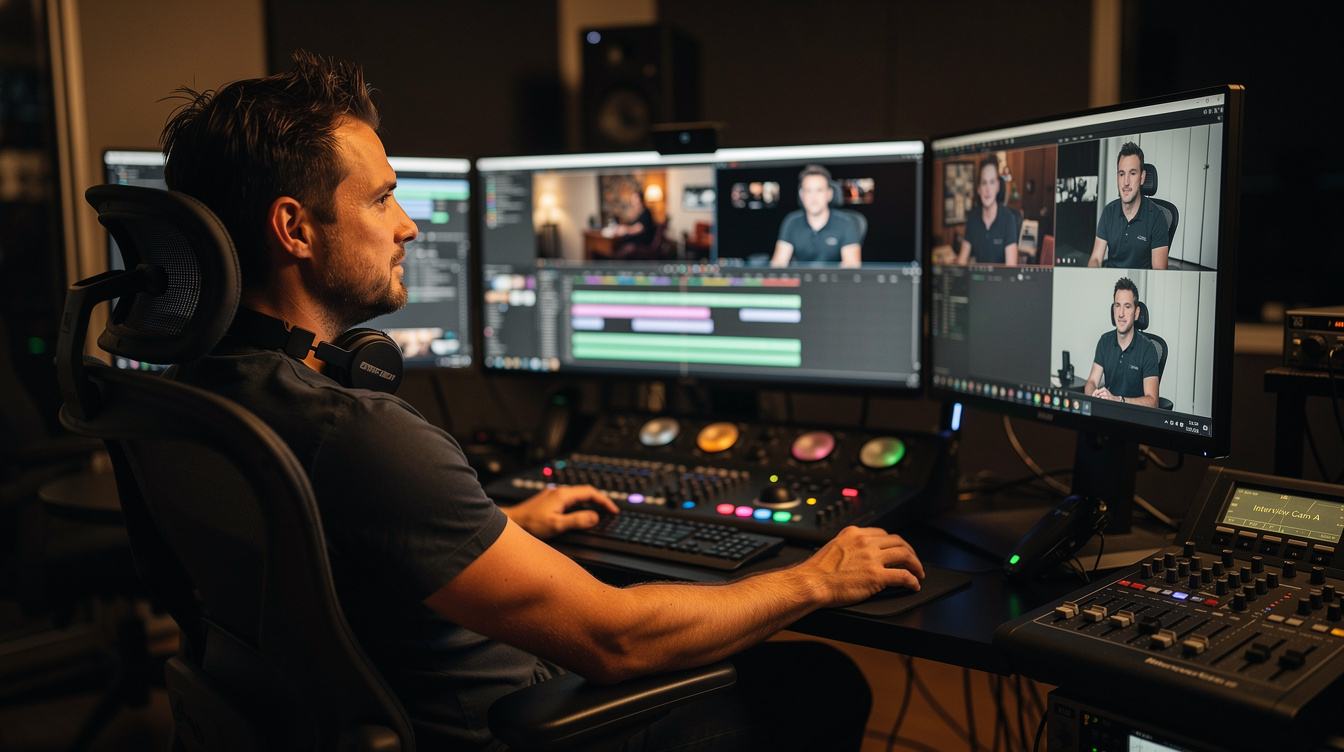 Editor reviewing multi-camera recorded footage on monitors in a control room
