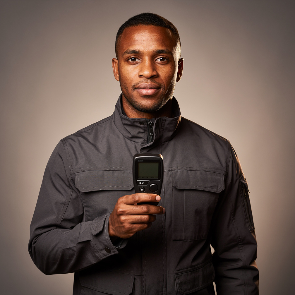 Portrait of a British lighting technician holding a light meter